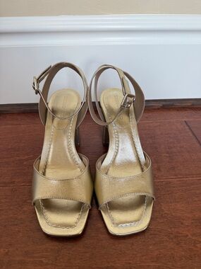 Bernardo Metallic Gold Ankle-Strap Block Heels